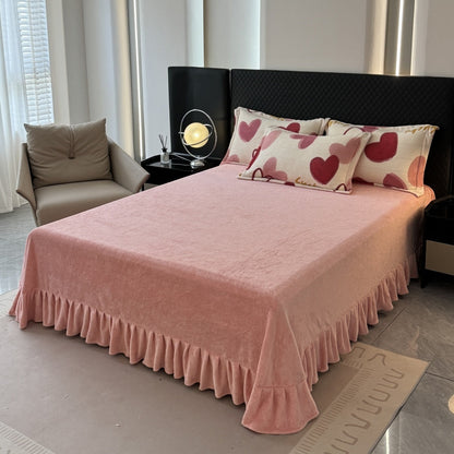 Luxurious Korean Solid Color Lace Bed Sheet and Winter Milk Velvet Bed Skirt