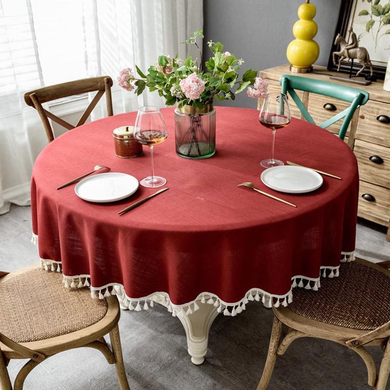 Festive Christmas Round Tablecloth - Washable & Elegant with Tassel Trim