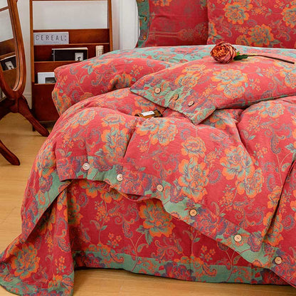 Vibrant Red Cotton Bedding Sets with Beautiful Flower Prints (4PCS)