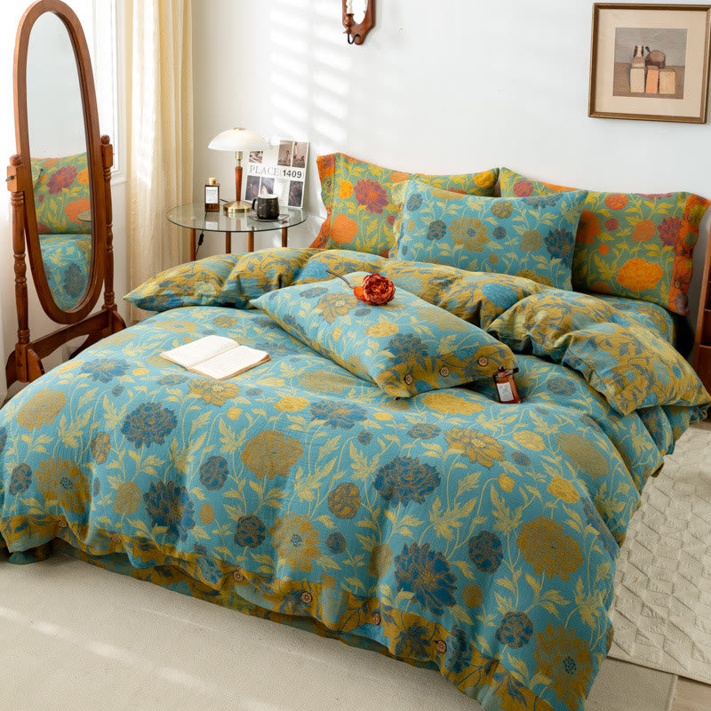 Vintage Retro Flower Leaf Cotton Bedding Sets (4PCS) - Soft & Breathable