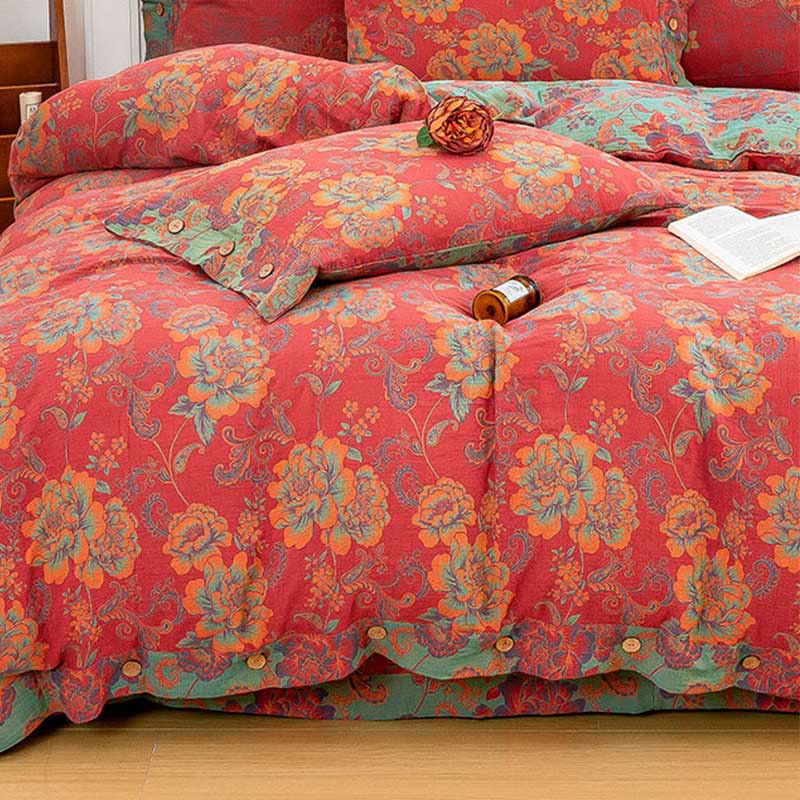 Vibrant Red Cotton Bedding Sets with Beautiful Flower Prints (4PCS)