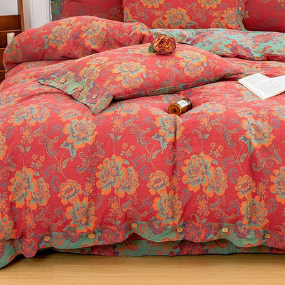 Vibrant Red Cotton Bedding Sets with Beautiful Flower Prints (4PCS)