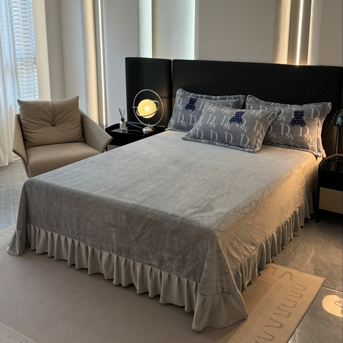 Luxurious Korean Solid Color Lace Bed Sheet and Winter Milk Velvet Bed Skirt