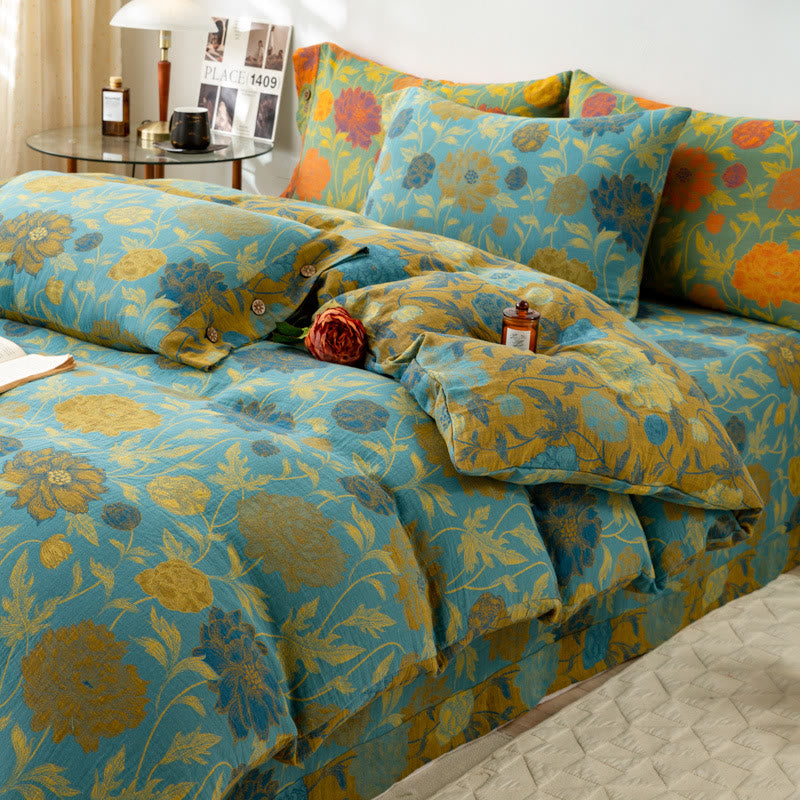 Vintage Retro Flower Leaf Cotton Bedding Sets (4PCS) - Soft & Breathable