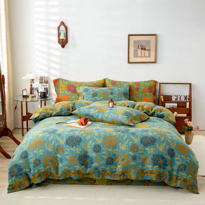 Vintage Retro Flower Leaf Cotton Bedding Sets (4PCS) - Soft & Breathable