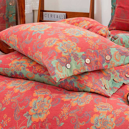 Vibrant Red Cotton Bedding Sets with Beautiful Flower Prints (4PCS)