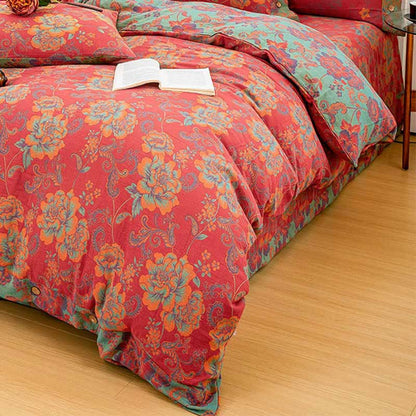 Vibrant Red Cotton Bedding Sets with Beautiful Flower Prints (4PCS)