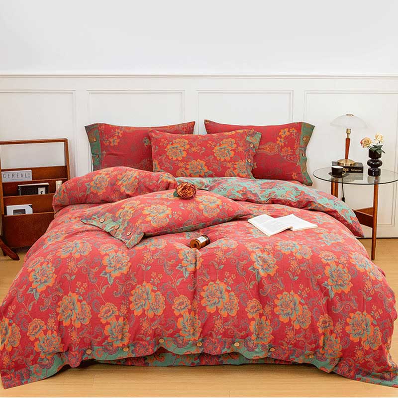 Vibrant Red Cotton Bedding Sets with Beautiful Flower Prints (4PCS)