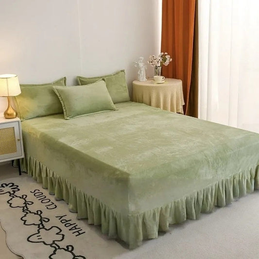 Luxurious Korean Solid Color Lace Bed Sheet and Winter Milk Velvet Bed Skirt