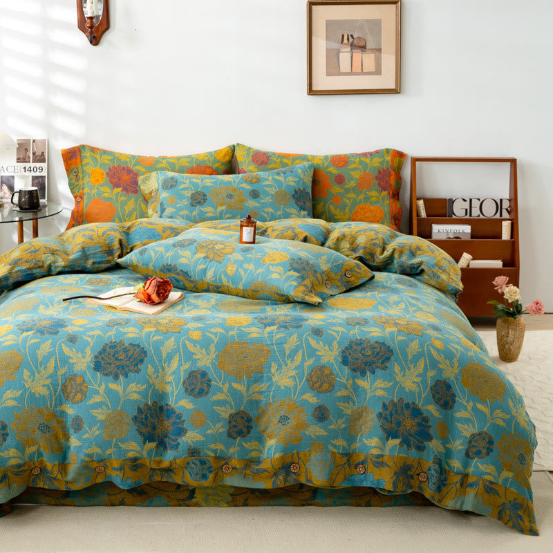 Vintage Retro Flower Leaf Cotton Bedding Sets (4PCS) - Soft & Breathable