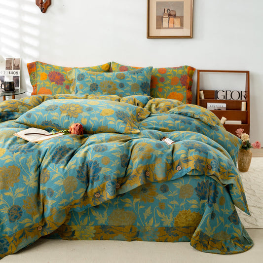 Vintage Retro Flower Leaf Cotton Bedding Sets (4PCS) - Soft & Breathable