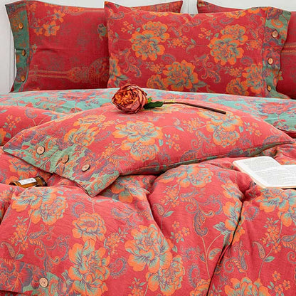 Vibrant Red Cotton Bedding Sets with Beautiful Flower Prints (4PCS)